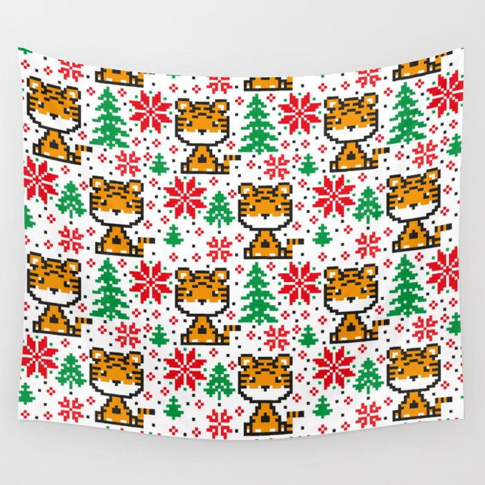Knitted Christmas and New Year Pattern in Tiger. Wool Knitting Sweater Design.  Wall Tapestry