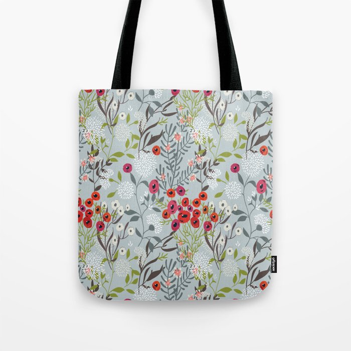 Red Poppies with Blue Tote Bag