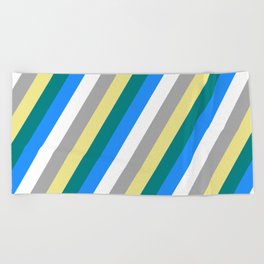 [ Thumbnail: Eye-catching Tan, Teal, Blue, White & Dark Gray Colored Striped/Lined Pattern Beach Towel ]
