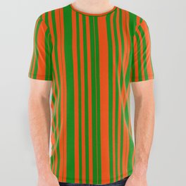 [ Thumbnail: Red & Green Colored Pattern of Stripes All Over Graphic Tee ]