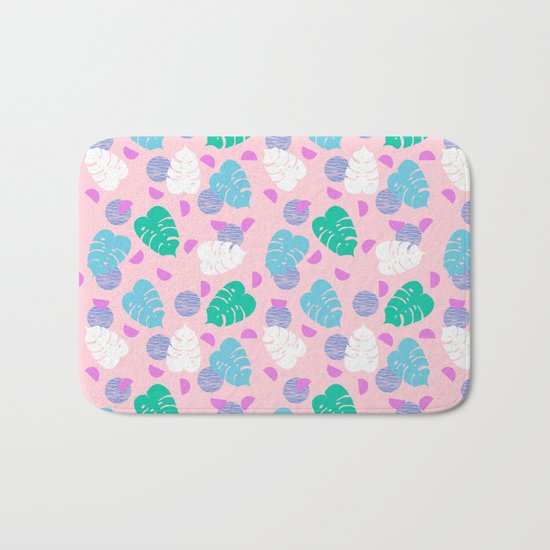 Monstera leaf house plant abstract modern print neon pink pastel summer vacation palm springs Bath Mat