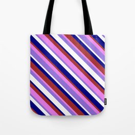 [ Thumbnail: Colorful Blue, Brown, Violet, Purple & White Colored Striped Pattern Tote Bag ]