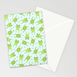 Kawaii Happy Frogs on Blue Stationery Cards