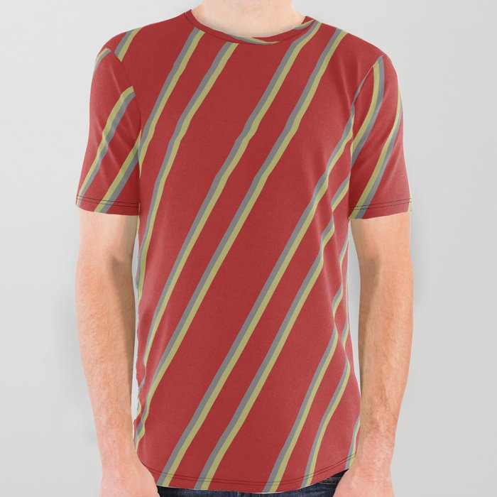 Red, Gray, and Dark Khaki Colored Striped Pattern All Over Graphic Tee