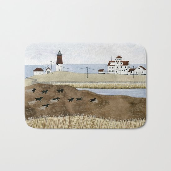 Seashore lighthouse and wild horses Bath Mat