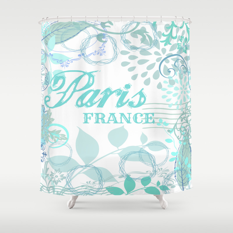 Paris France Blue French Vintage Style Print Shower Curtain By