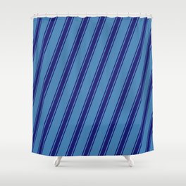 [ Thumbnail: Blue and Midnight Blue Colored Stripes Pattern Shower Curtain ]