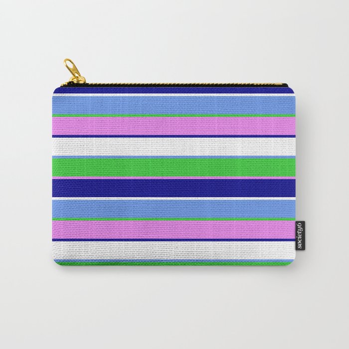 Cornflower Blue, Lime Green, Violet, Dark Blue & White Colored Stripes/Lines Pattern Carry-All Pouch