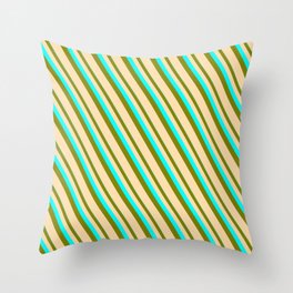 [ Thumbnail: Cyan, Green, and Tan Colored Striped Pattern Throw Pillow ]