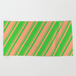 [ Thumbnail: Light Salmon & Lime Green Colored Lines Pattern Beach Towel ]