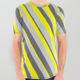 [ Thumbnail: Dim Grey, Yellow & Light Gray Colored Stripes/Lines Pattern All Over Graphic Tee ]