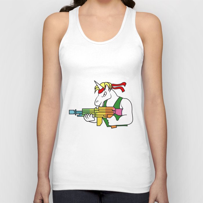 Unicorn  fighter soldier muscles weapon shooting rainbow rambo gift idea Tank Top