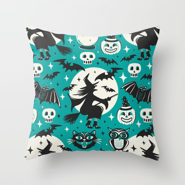 Witchy Wonders Halloween Teal Throw Pillow