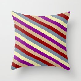 [ Thumbnail: Vibrant Pale Goldenrod, Purple, Tan, Dark Red & Light Slate Gray Colored Striped Pattern Throw Pillow ]