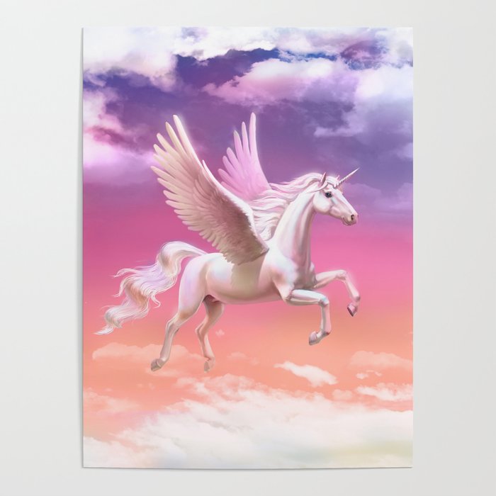 Flying unicorn at sunset Poster