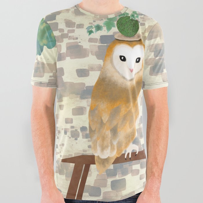 Bonsai Owl and ivy potted plant on ladder shelf All Over Graphic Tee