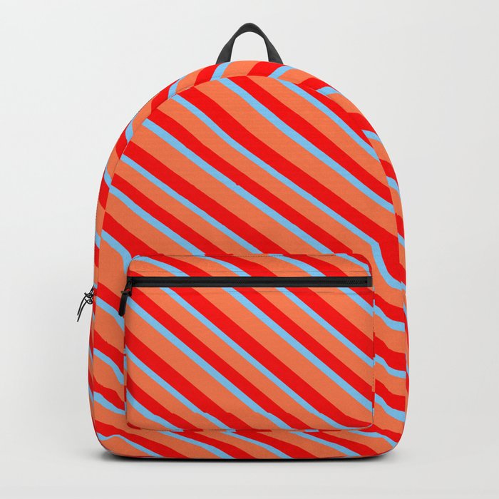 Coral, Red & Light Sky Blue Colored Stripes/Lines Pattern Backpack