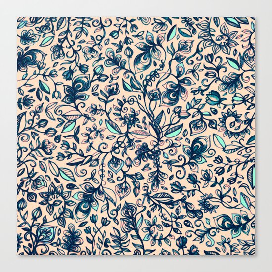 Teal Garden - floral doodle pattern in cream & navy blue Canvas Print