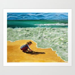  She reach her hands down into the sand, pulling a glob of sand - Acrylic Art Print | Child, Blue, Green, Seascape, Seashore, Acrylic, Painting, Yellow 