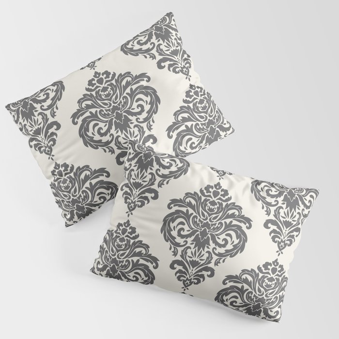 Classic Floral Damask Pattern – Charcoal Gray and Cream Pillow Sham