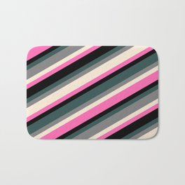 [ Thumbnail: Eye-catching Dark Slate Gray, Grey, Beige, Hot Pink, and Black Colored Lined/Striped Pattern Bath Mat ]