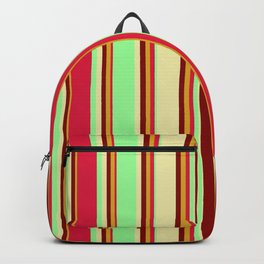 [ Thumbnail: Colorful Goldenrod, Maroon, Pale Goldenrod, Green, and Crimson Colored Lined Pattern Backpack ]