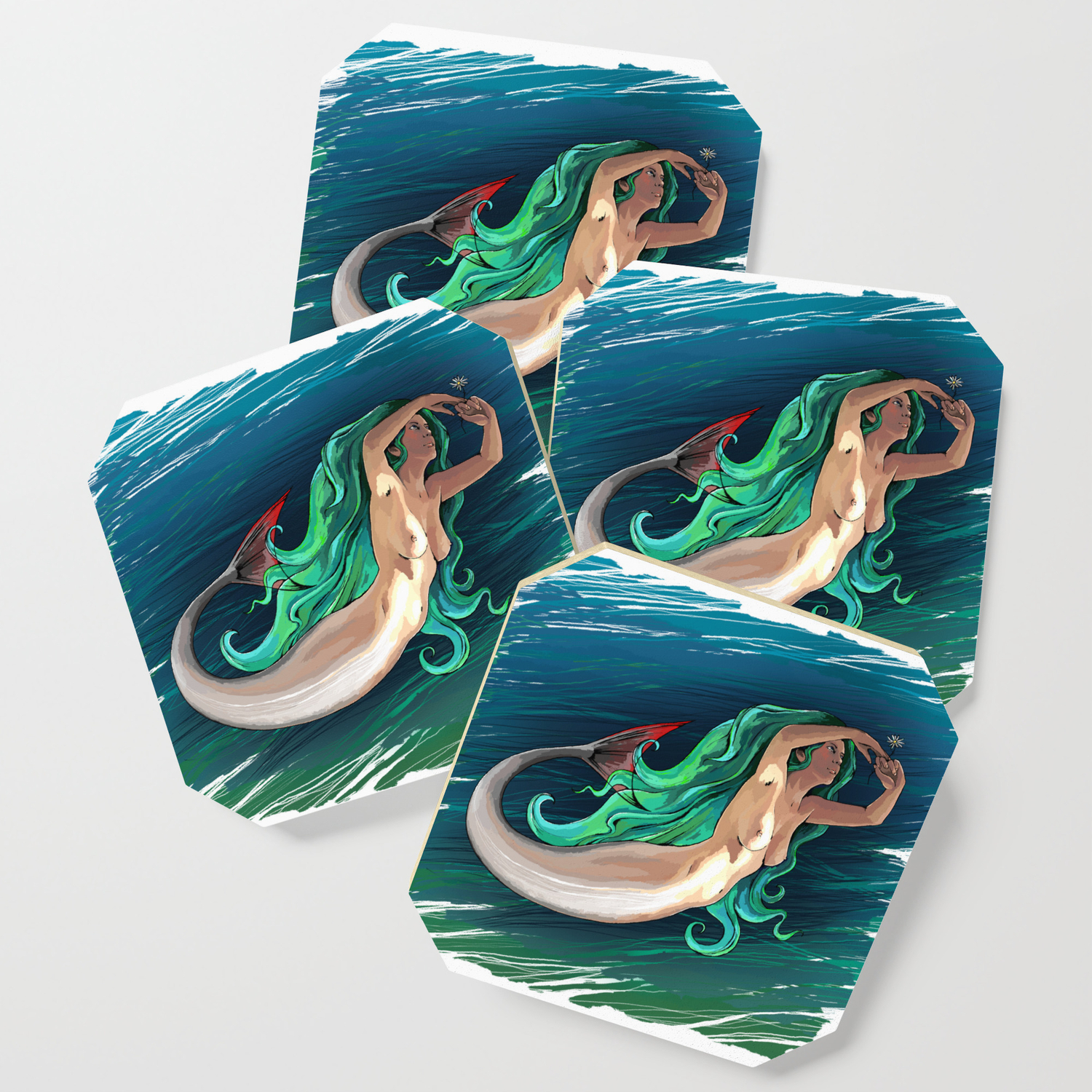 Beautiful Naked Mermaid With A Flower In His Hands Coaster By Ulsin Society6