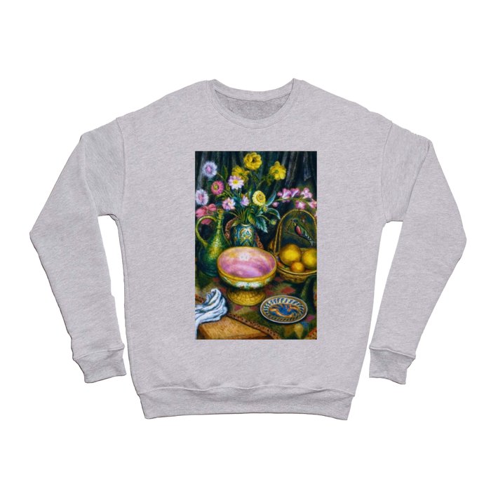 Still Life with Calla Lily, Zinnia, Flowers, Bird, Fruit, & Candy Bowl by Edward Middleton Manigault Crewneck Sweatshirt