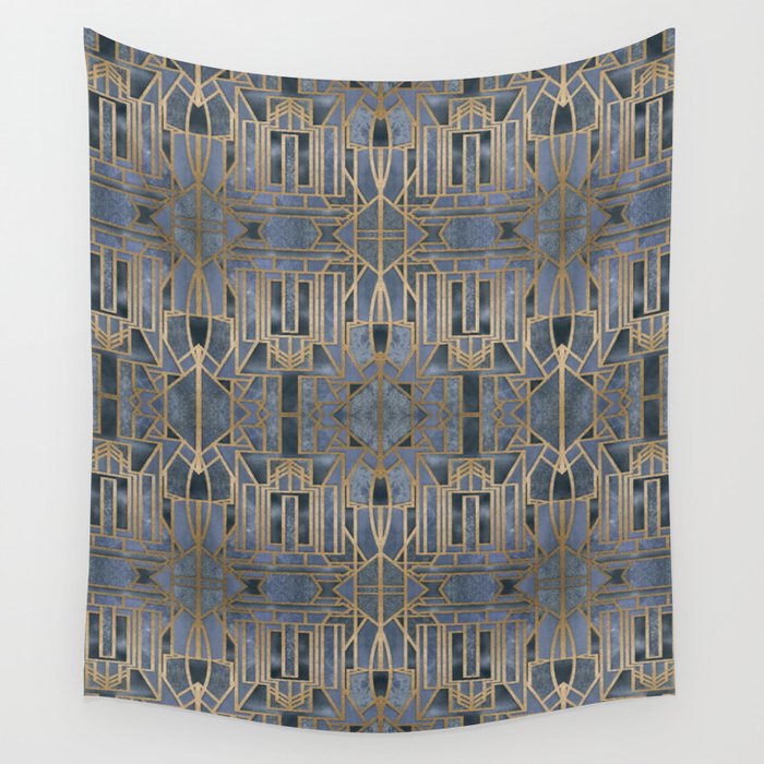 Blue And Copper Elegant Retro Art Deco Pattern With Marble Elements Wall Tapestry
