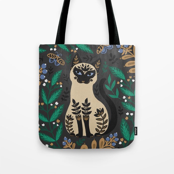 Thai, Siamese cat in the garden. An ornament in the folk style of Hugge. Tote Bag