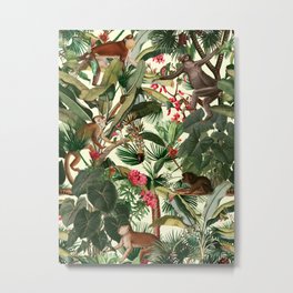Monkey Forest Metal Print | Exotic, Leaf, Flowers, Monkey, Painting, Floral, Cute, Leaves, Sun, Tropical 