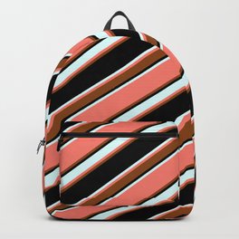 [ Thumbnail: Salmon, Brown, Black & Light Cyan Colored Pattern of Stripes Backpack ]