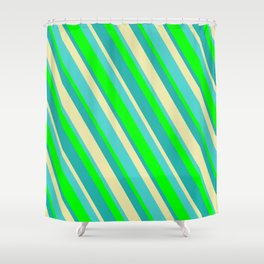 [ Thumbnail: Lime, Light Sea Green, Pale Goldenrod & Turquoise Colored Stripes/Lines Pattern Shower Curtain ]