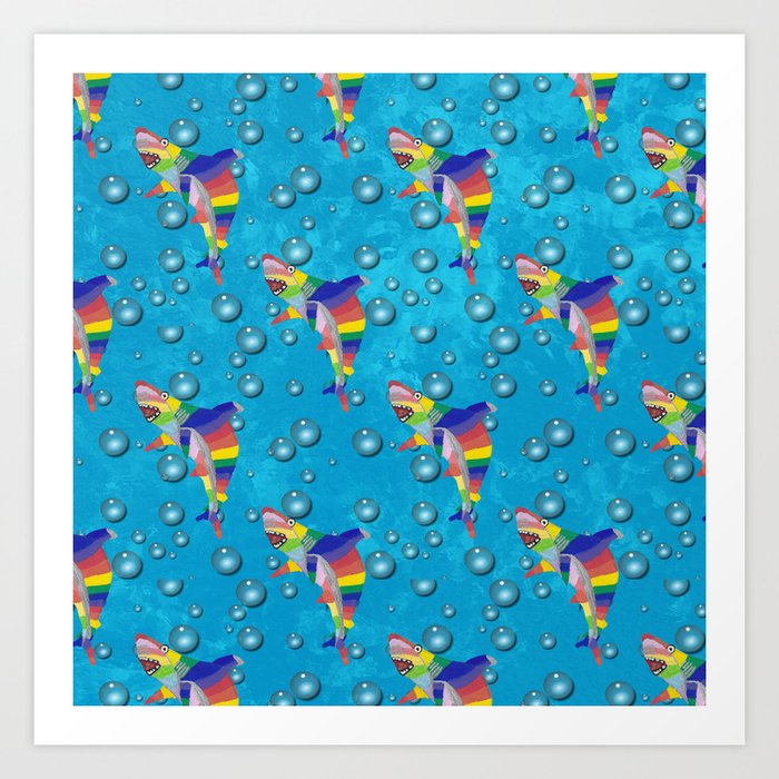Colorful Shark with Bubbles on a Light Blue Background Art Print