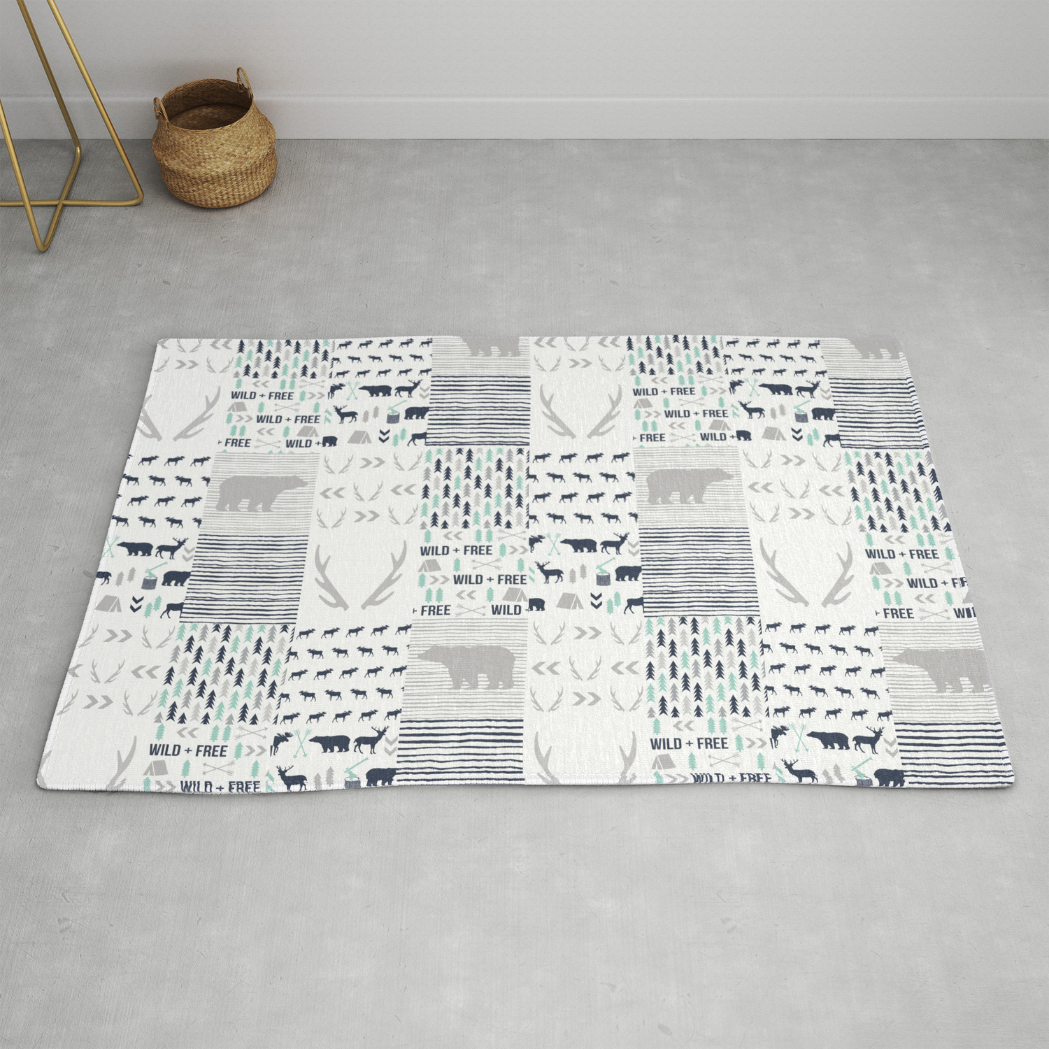 Camper Antlers Bears Pattern Minimal Nursery Basic Navy Mint Grey