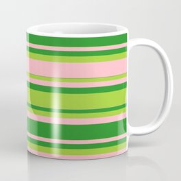 [ Thumbnail: Forest Green, Green, and Light Pink Colored Lined Pattern Coffee Mug ]