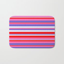 [ Thumbnail: Slate Blue, Lavender, Red & Hot Pink Colored Stripes/Lines Pattern Bath Mat ]