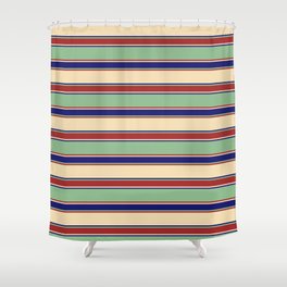 [ Thumbnail: Tan, Midnight Blue, Dark Sea Green & Brown Colored Striped/Lined Pattern Shower Curtain ]
