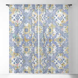 Blue ceramic maiolica tiles, yellow flowers and butterflies Sheer Curtain