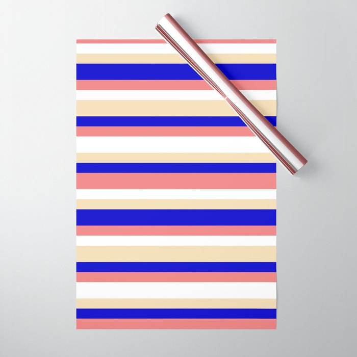 Blue, Light Coral, White & Tan Colored Lined/Striped Pattern Wrapping Paper