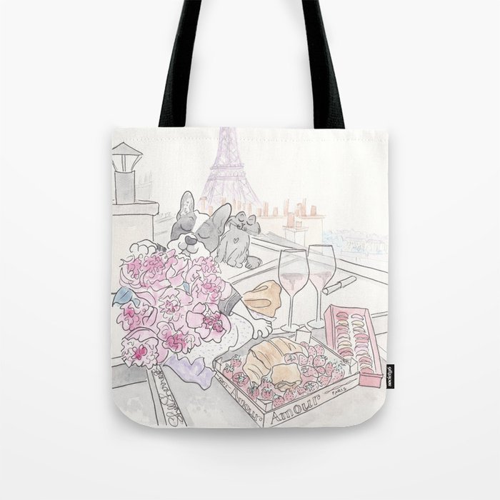 Paris Rooftop Picnic with French Bulldog and Black Cat Tote Bag