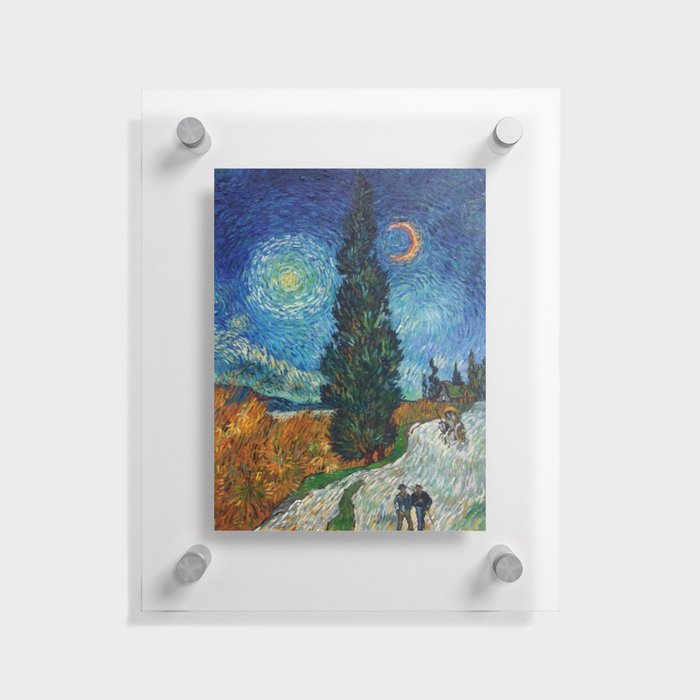 Road with Cypress and Star; Country Road in Provence by Night, oil-on-canvas post-impressionist landscape painting by Vincent van Gogh in alternate blue twilight sky Floating Acrylic Print