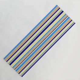[ Thumbnail: Tan, Dark Blue, Pale Goldenrod & Blue Colored Lined Pattern Yoga Mat ]