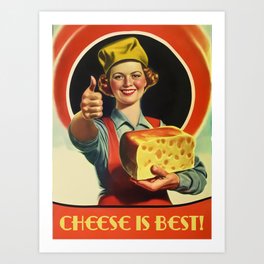 Young retro woman holding huge piece of Emmental cheese and smiling a nostalgic and vintage Art Print