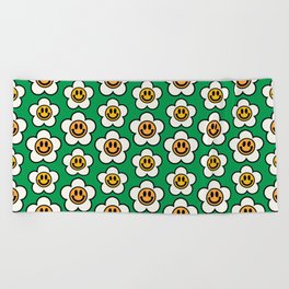 Bold And Funky Flower Smileys Pattern (Green BG) Beach Towel