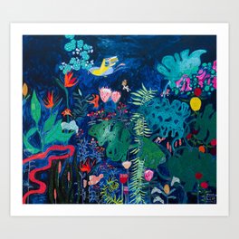 Brightly Rainbow Tropical Jungle Mural with Birds and Tiny Big Cats Art Print