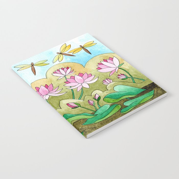 LISETTE DRAGONFLIES FLYING OVER PINK WATER LILIES Watercolor painting Notebook