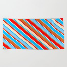 [ Thumbnail: Vibrant Deep Sky Blue, Light Sky Blue, Chocolate, Red & Bisque Colored Striped/Lined Pattern Beach Towel ]