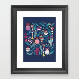 Mexican Christmas Tree // blue background blue pine leaves multicoloured holiday decorations pan dulce balls cacti hearts birds pom-pom garland pinatas santa claus conchas donuts Framed Art Print