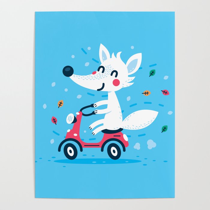 White Fox Riding Vespa Poster